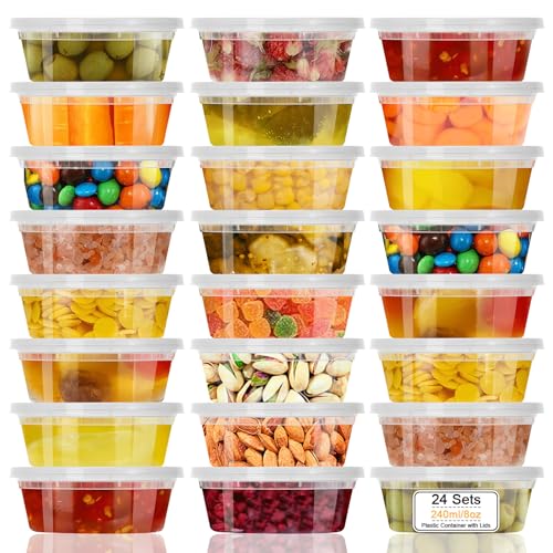 VINATO Boite Hermetique Alimentaire, 24pcs Boite Plastique Alimentaire, 8oz Pots a Sauce Rondes,Boîte à Emporter Pour Conservation & Congelation,...