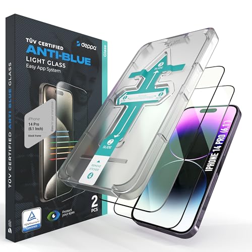 Deppa |2 Pack| Anti-Blue Light Screen Protector for iPhone 14 Pro (6.1)| Scratch Resistant Tempered Glass | 3D Edge to Edge Coverage | Easy Installation Kit | Eye Safeguard TV Certified