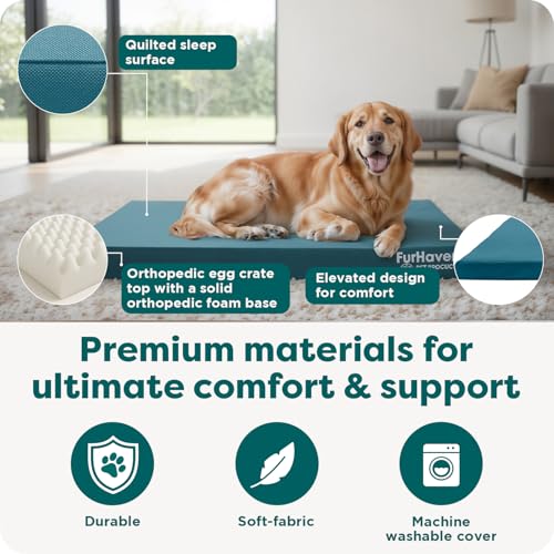 Image of FurHaven Water-Resistant Orthopedic Dog Bed for Large Dogs, Oxford Polycanvas Mattress with Egg Crate and Solid Orthopedic Foam Base for Joint Support, Washable Cover, Jumbo XL, Deep Lagoon