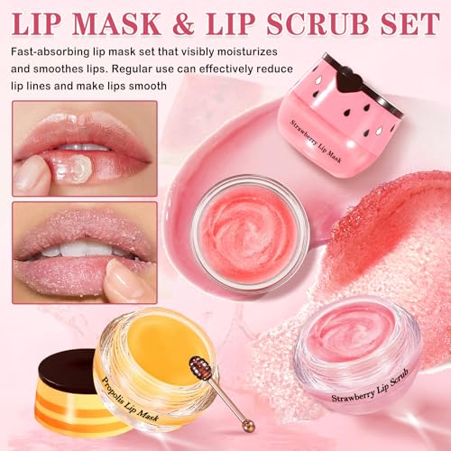 4pcs lip scrub and mask setstrawberry and honey pot lip balmreduces lip lines lip exfoliator scrub and moisturizerrepair beebalm lip balm and lip scrub setlip mask overnight