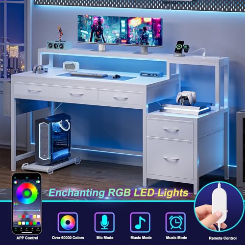 Image of REAHOME 61 Inch Gaming Desk with Charging Station and LED Lights, Reversible Computer Desk with Storage Drawer and Monitor Stand, Modern Desk Table with File Cabinet & Side Pocket, Carbon Fiber White