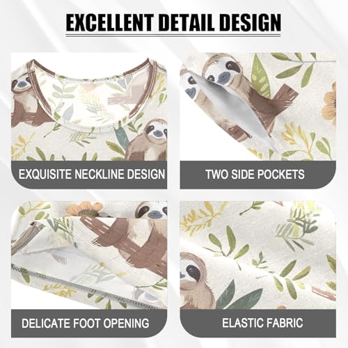 ALAZA Sloth Leaf Blossom Cartoon Pajamas Short Sleeve 2 Piece Sleepwear Top and Bottom Pajama Set Unisex4