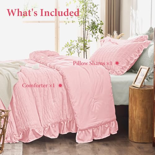 Image of JOLLYVOGUE Pink Twin /Twin XL Comforter Set, 2 Pieces Seersucker Lightweight Fluffy Bedding Set, Twin Ruffle Comforter, All Season Soft Microfiber Shabby Chic Bed Set