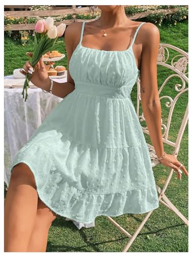 Image of Floerns Women's Swiss Dots Sleeveless Ruched Bust Ruffle Hem Cami Short Dress