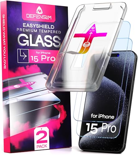 Image of Defenslim Screen Protector for iPhone 15 Pro (2Pack), Easy Auto-Align Install Kit, 6.1 inch Tempered Glass, 9H Hardness, Ultra HD Clear, Case Friendly, EasyShield