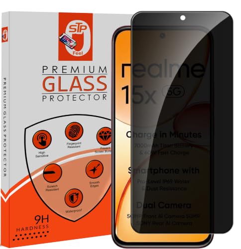 Image of STP FEEL Premium Grade Privacy Tempered Glass Screen Protector Guard Compatible For Realme 15X 5G (6.81 Inch, Pack of 1) Full Edge to Edge Coverage Anti-Spy /Anti-Peeping 9H Hardness