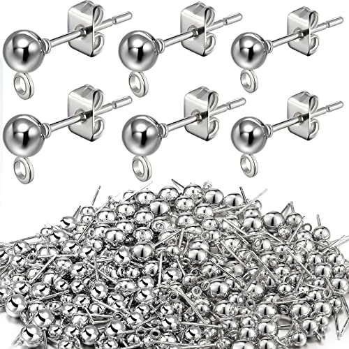 180 Pieces Ball Post Earring Stud with 200 Pieces Butterfly Ear Back Earrings with Loop for DIY Jewelry Making Findings, 4 mm 5 mm 6 mm (Sliver)