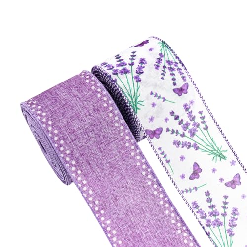 2 Rolls 5 Yards x 6.3 cm Purple Lavender Wired Edge Ribbon Flower Butterfly Ribbons Floral Gift Wrapping Ribbon Summer Bow Making Ribbons Spring Wreath Decorations for Farmhouse Party