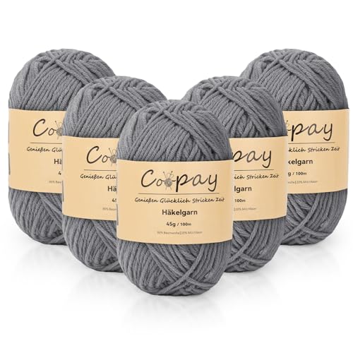Coopay Wolle zum Häkeln, 225g (5x45g) Weiches Häkelgarn, 5 Faiding Wolle zum Stricken, Babywolle zum Häkeln für Anfänger, Super Weich Häkelgarn Babywolle für Häkel- und Strickprojekt - Dunkelgrau