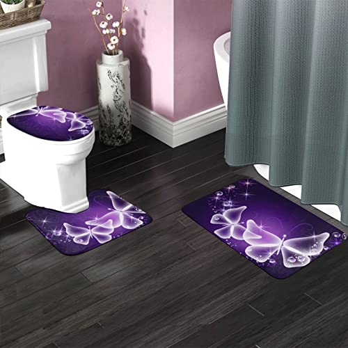 DIRYKILP Badematte + Konturmatte + Toilettendeckelbezug, lila Schmetterling 3 Stück Badematte Set, mit rutschfester Klebeunterseite – Bild 3