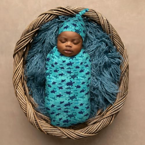 Image of Ocean Blue Sea Turtles Newborn Swaddle Blankets Hat Sets Soft Baby Receiving Blanket Swaddle Sack for Baby Shower Infant Boy Girl Gift