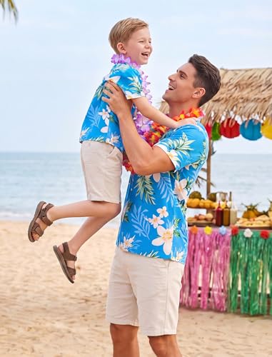 Image of AWIBMK Hawaiian Family Matching Outfits Mother Daughter Tropical Dresses Father Son Shirts for Beach Vacation Luau Party