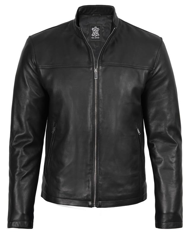 Image of Blingsoul Stylish Black & Brown Cafe Racer Leather Jacket For Men - Real Lambskin Leather Motorcycle Jacket Mens