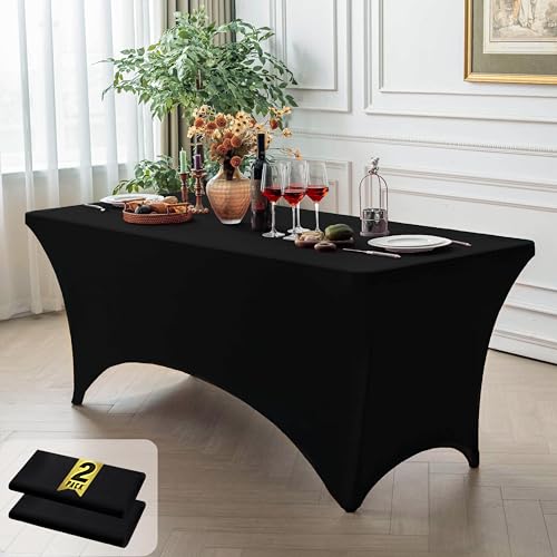 Image of FOLINS&HOME 2 Pack Black 8ft Fitted Spandex Water Resistant Tablecloth | Washable Elastic Rectangle Table Cover for 8 Foot Folding Tables, Stretch Table Cloth for Weddings, Banquets, Parties (2 Pcs)