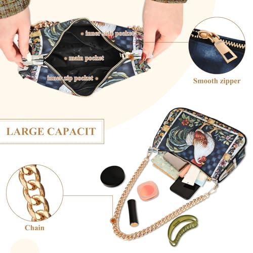 Shoulder Bags for Women Farm Chicken Rooster Flower Hobo Tote Handbag Small Clutch Purse with Zipper Closure4