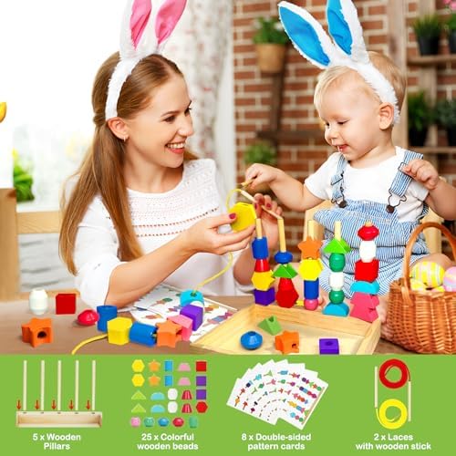 Montessori Wooden Beads Sequencing Toy Set, Sorting Stacking Blocks & Lacing Beads & Shape Matching Stacker for 2 3 4 5 Years Kids Preschool Learning Fine Motor Skills Toys Gifts for Toddler Boy Girl - 1