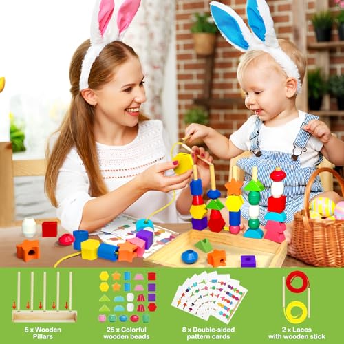 Montessori Wooden Beads Sequencing Toy Set, Sorting Stacking Blocks & Lacing Beads & Shape Matching Stacker for 2 3 4 5 Years Kids Preschool Learning Fine Motor Skills Toys Gifts for Toddler Boy Girl