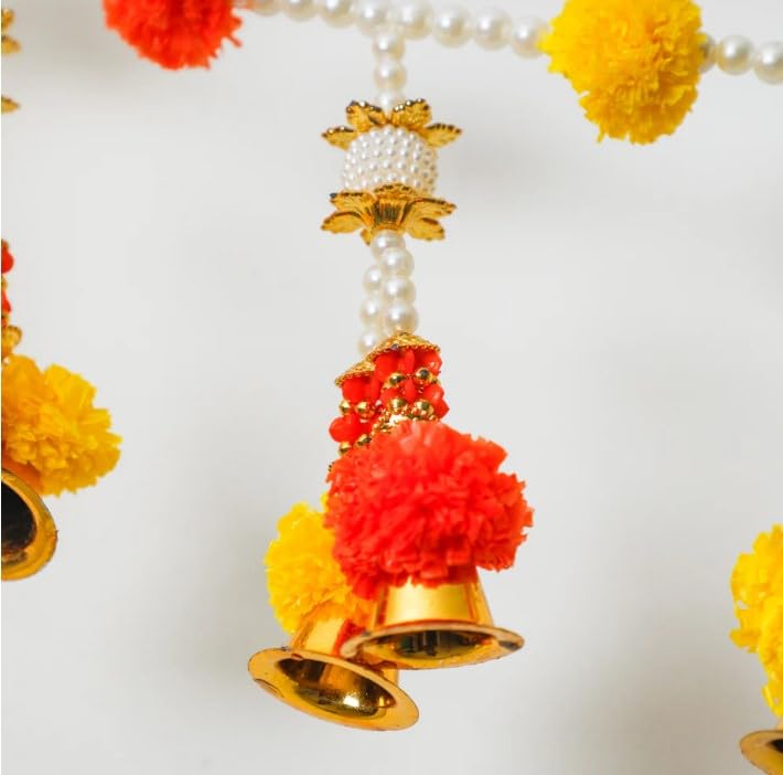 Image of Toran with Hanging Bells - Decorative Maharani Door Hanging with Artificial Pearls, Marigold Flowers for Diwali, Pooja, Weddings, and Housewarming