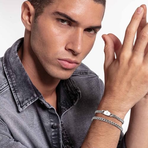 image for Hisatan Initial Bracelets for Men, 2 Pcs A-Z Letter Bracelet Silver Me