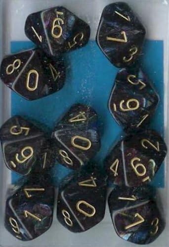 Chessex Dice Sets: Lustrous Shadow with Gold - Ten Sided Die d10 Set (10) by Chessex Manufacturing