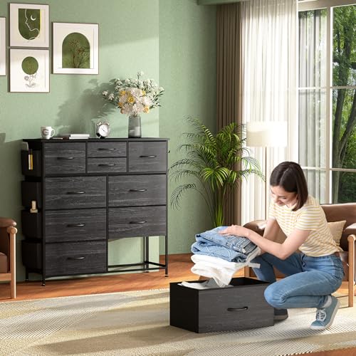 Black Wood Veins Dresser with 10 Drawers & Side Pockets, Hooks, & Sturdy Metal Frame