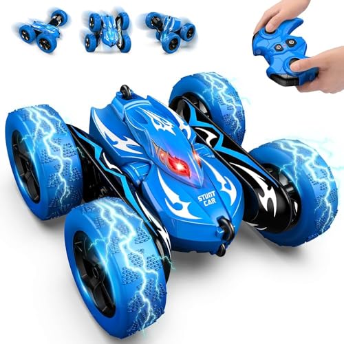 HappyGoLucky Remote Control Cars Toy Cars for Boys Age 3 4 5 6 360 Flips 15KM/H 2.4GHz Monster Truck RC Stunt Car Outdoor Garden Toys Birthday Presents Easter Gifts for 3-12 Year Old Boy Blue