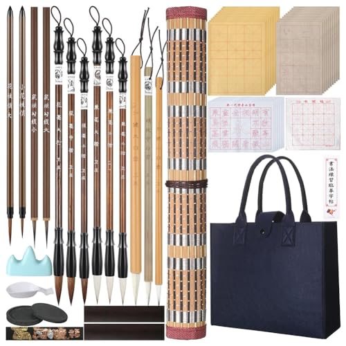 Pinceaux de calligraphie chinoise d'exception : coffret de 31 pièces avec pierres et crayons