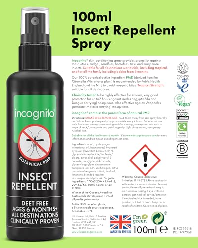 Incognito Insektenschutzspray 100 ml - Natürlich DEET-frei, schützt vor einer Vielzahl von stechenden Insekten. Klinisch nachgewiesener Schutz vor Dengue-übertragenden Mücken, organischer Mückenschutz