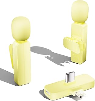 2 Pack Wireless Mini Lavalier Lapel Microphone for iPhone,Android Phone(2 in 1) - 65ft Cordless Clip on Dual Mics with Noise Reduction 6H Working Time for Video Recording Vlogging, YouTube, (Yellow)