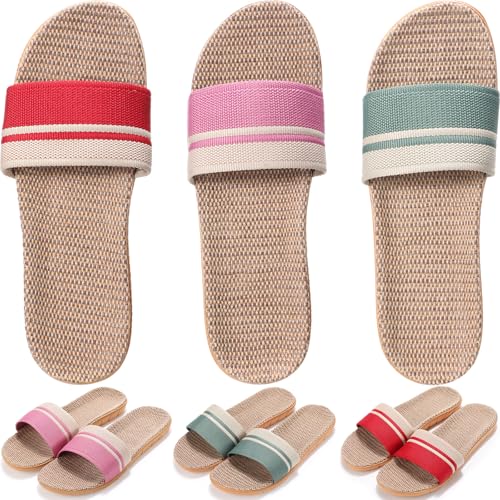 3 Pairs Linen House Slippers for Women Skidproof Open Toe Flax Tatami Slippers for Home Bedroom Hotel Travel Airplane Spa
