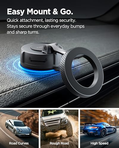Image of Spigen Dashboard & Windshield Magnetic Car Mount (MFT36-1) - Black | Strong N52 Magnetic Car Mount with Twist-Direction VacuumLock & 360 Flexible View Compatible with iPhone 17 /16 /15 /14 /13 /12