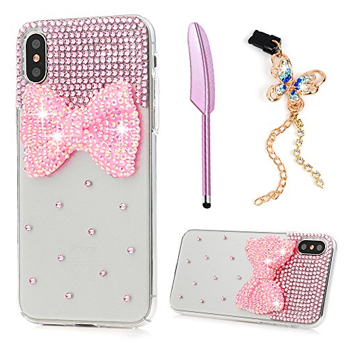 MOLLYCOOCLE iPhone X Case, Lovely Bling Rhinestone Transparent Clear Untra Thin Premium Hard Reinforced PC Plastic Full Body Protective Case Cover for iPhone X Plus - Pink Bowknot