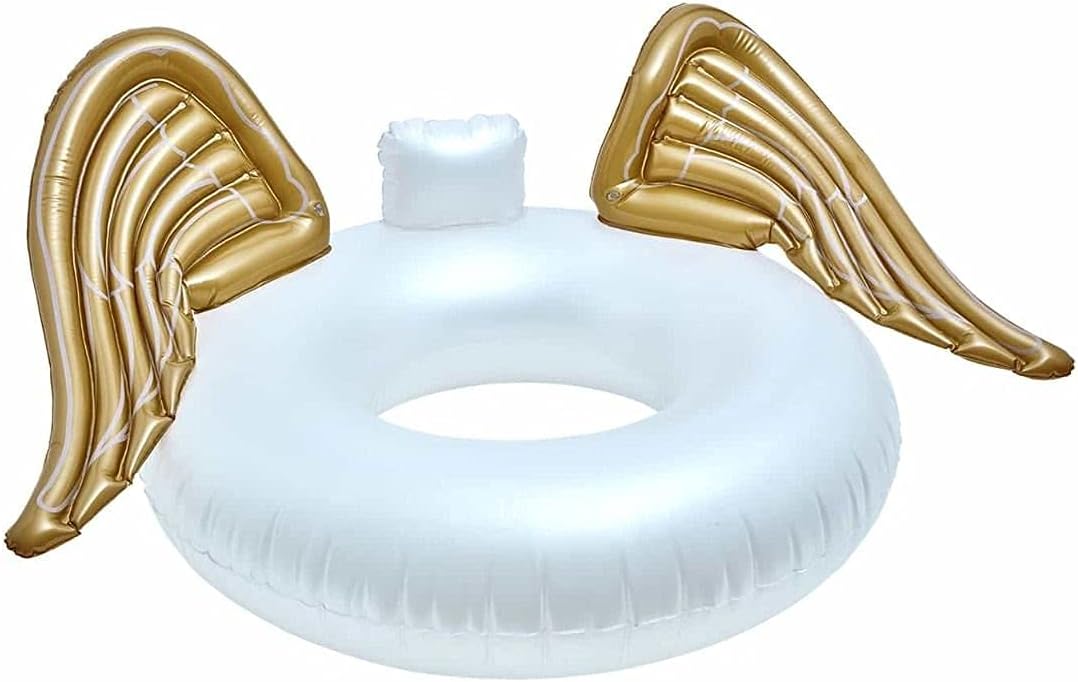 Large Inflatable Swim Ring Float with Gold Angel Wings Inflatable Swimming Pool Floats Rainbow Swimming Floats Summer Holiday Novelty Swim Tubes Rings for Adults, White and Gold