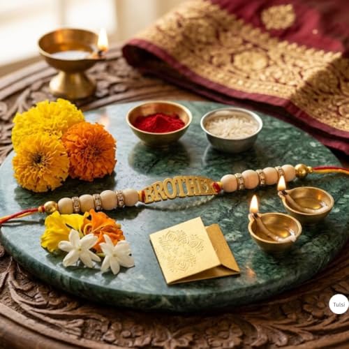 Image of Original Tulsi Rakhi for Brother | Handmade Natural Tulsi Beads Rakhi | Sacred Raksha Bandhan Rakhis for Boys | Traditional Spiritual Rakhi Gift