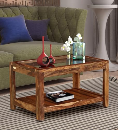 Image of BWF Premium Sheesham Wood Glass Top Coffee Table | Solid Wooden Centre Table with Bottom Storage Shelf | Living Room, Hall & Office Sofa Table | 32D x 20W x 18H Inches | Natural Wood Finish | BP-031