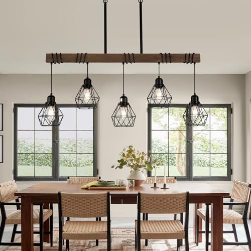 5-Light Kitchen Island Lighting Hanging for Farmhouse Linear Chandeliers,Dining Room Light Fixture/Chandelier Over Table,Matte Black Rustic Wood Ceiling Pendant Light Fixtures with Metal lampshade