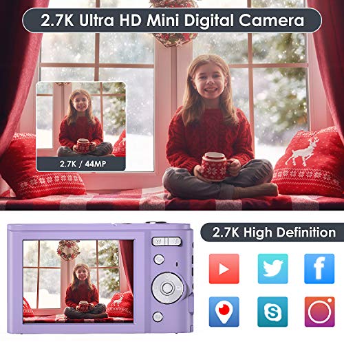 Digital Camera, FamBrow 2.7K Ultra HD 44 MP Vlogging Camera with 16X Digital Zoom,Point & Shoot Digital Camera with 2.88\" LCD Screen Compact Portable Mini Camera for Beginner,Teens, Kids (Purple)