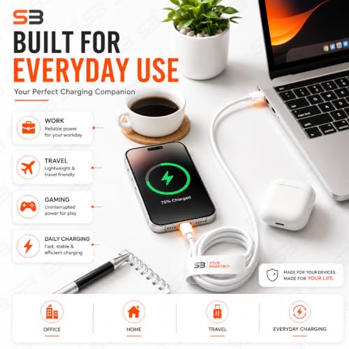 Image of SB USB C to Lightning Cable 1M, 20W PD Fast Charger Cable & 480Mbps Data Sync Cord for iPhone 14 /14 Pro Max /13 /13 Pro /12 /12 Pro Max /11 /11 Pro /XS Max /XR /X /8 Plus /iPad /AirPods