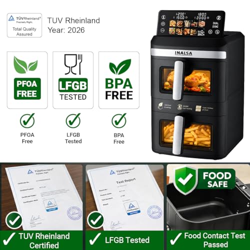 Image of INALSA Double Basket Air Fryer 2800W & 14 L (7L+7L) Large Capacity |Non Toxic,BPA Free|PFOA Food Safety Certified|Cook 2 Full Meals Together|Flip Digital Screen|NutriFry DuoSlim