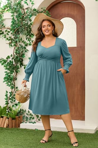 AMCLOS Women's Plus Size Casual Dress 2 Pockets Square Neck Back-Tie Crosswrap Bodice Elegant Work Business Long Sleeve3