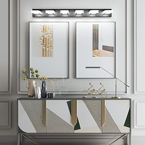 Image of Ralbay Modern Matte Black Bathroom Vanity Light Fixtures 6 Lights Acrylic Modern LED Black Vanity Lights for Bathroom (4500K Neutral White Light)
