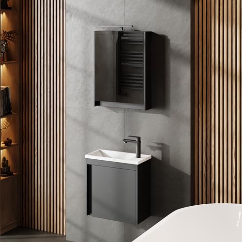 Planetmöbel Badmöbel Set 3-teilig Waschbecken mit Unterschrank 50 x 48,3 x 24,8 cm grau matt, Spiegelschrank 50 x 65 x 11,4 cm mit LED Aufbauleuchte