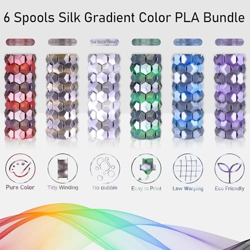 Image of MIKA3D 6 Spools Fast 2 Color Change Silk PLA 3D Printer Filament Bundle, Silk Black Color Change to White /Red /Orange /Blue /Purple /Green, Each Spool 250g, Total 1.5kg Silk PLA Bundle 250g X 6