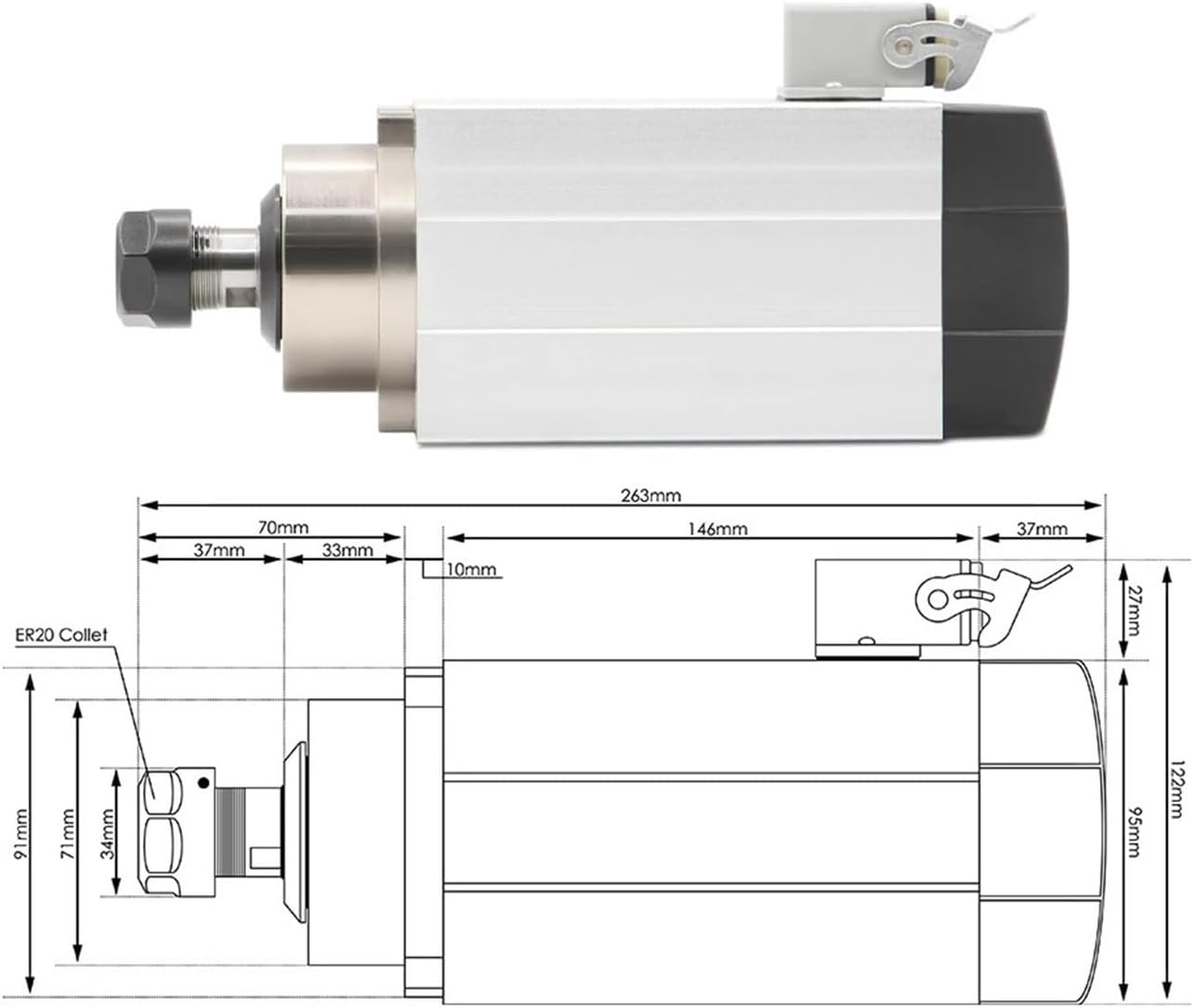ER20 Air-Cooled Spindle Motor G-Penny 1.5KW Square Spindle Without mounting Flange 0.01mm 4 PCS Ball Bearings(110v)