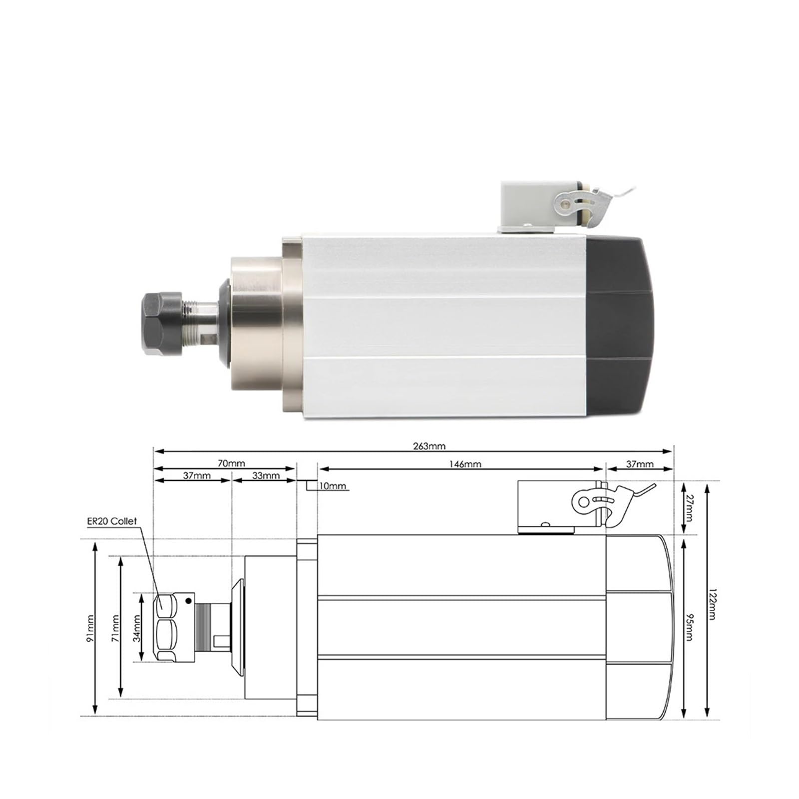 KACOME ER20 Air-Cooled Spindle Motor G-Penny 1.5KW Square Spindle Without mounting Flange 0.01mm 4 PCS Ball Bearings(110v)