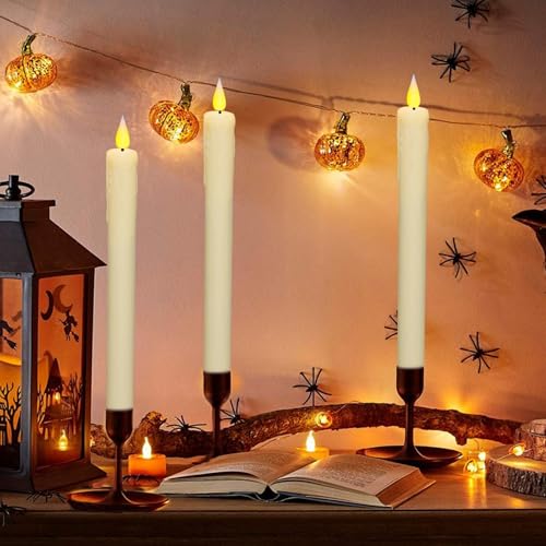 Image of KSWING Upgraded Real Wax LED Flameless Taper Candles with Remote, 2 PCS Ivory Dripping Candlesticks Battery Operated 3D Flickering - 9.6 inch Long Realistic Fake Candle Sticks for Home /Wedding /Xmas Decor