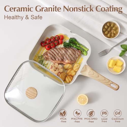 Image of SENSARTE Nonstick Ceramic Grill Pan with Lid, Versatile Square Grilling Pan with Pour Spouts, Durable Grill Skillet for All Stoves(Gas,Electric,Induction) Non Toxic-PTFE,PFAS,PFOA Free, 9.5 Inch