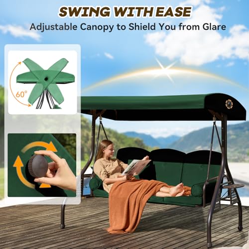 Image of 3 in 1 Outdoor Porch Swing with Adjustable Canopy, 3 Seat Outdoor Swing for Adults, Patio Swing Chair with Thickened Cushions,Pillows & Cup Holders for Backyard, Porch, Garden (Green)