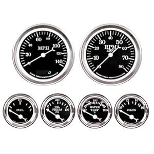 RaceTech Classic 1 serious Electrical 6 Gauge Set Gauges Black Dial for Car’s Instrument Cluster – Includes Speedometer & Tachometer – Volt, Fuel Level, Water Temperature & Oil Pressure Gauge.