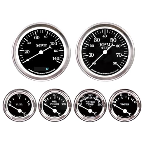 RaceTech Classic 1 serious Electrical 6 Gauge Set Gauges Black Dial for Car’s Instrument Cluster – Includes Speedometer & Tachometer – Volt, Fuel Level, Water Temperature & Oil Pressure Gauge.